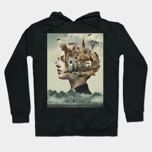 Resilient Chaos: A Surreal Collage of a Woman Amidst Global Calamities Hoodie